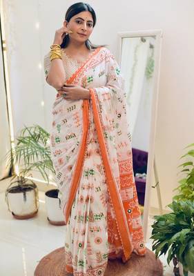 Mulmul cotton hand block printed with mirror work 3