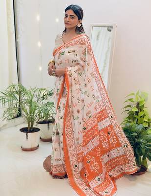 Mulmul cotton hand block printed with mirror work 4