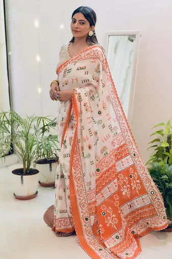Mulmul cotton hand block printed with mirror work