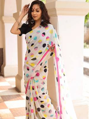 Pure cotton white and pink  block print sarees with blouse pice 2