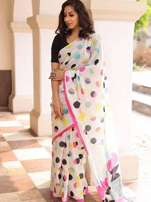 Pure cotton white and pink  block print sarees with blouse pice 3
