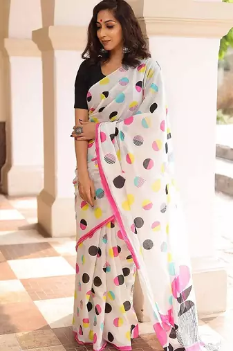 Pure cotton white and pink  block print sarees with blouse pice