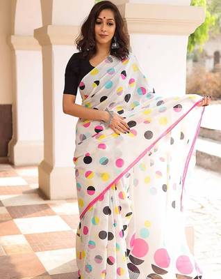 Pure cotton white and pink  block print sarees with blouse pice 4