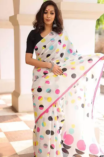 Pure cotton white and pink  block print sarees with blouse pice