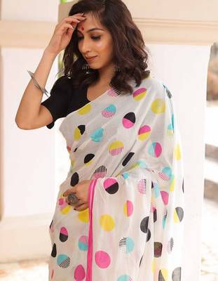 Pure cotton white and pink  block print sarees with blouse pice 5