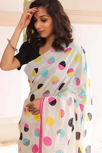 Pure cotton white and pink  block print sarees with blouse pice