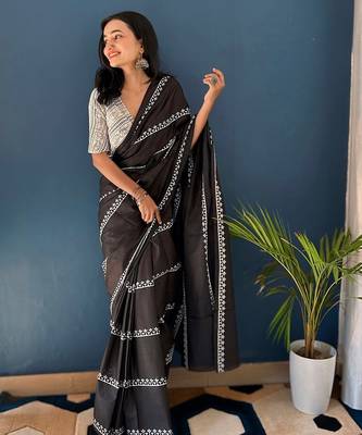Pure cotton fancy bagru print black colour sarees with blouse pice* 2