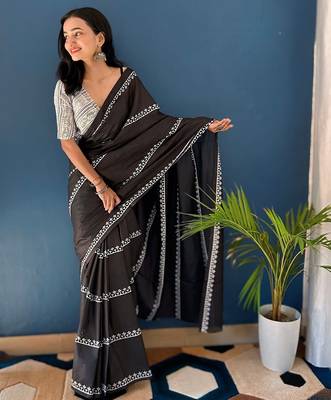 Pure cotton fancy bagru print black colour sarees with blouse pice* 3