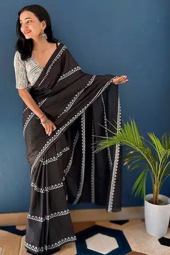 Pure cotton fancy bagru print black colour sarees with blouse pice*