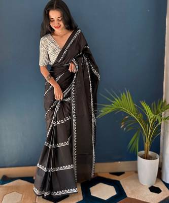 Pure cotton fancy bagru print black colour sarees with blouse pice* 4