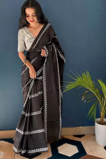 Pure cotton fancy bagru print black colour sarees with blouse pice*