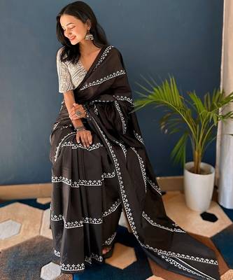 Pure cotton fancy bagru print black colour sarees with blouse pice* 5