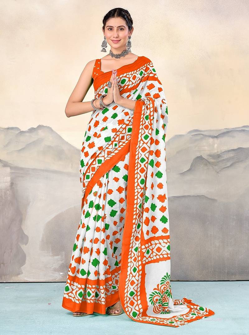 Pure cotton tiranga block printed sarees with blouse pice