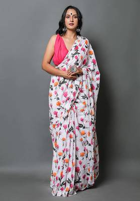 Bagru flower print sarees with pink colour plain blouse 1