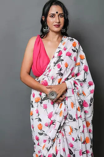 Bagru flower print sarees with pink colour plain blouse