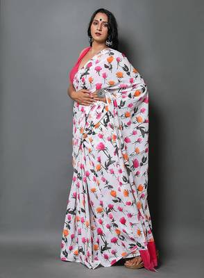 Bagru flower print sarees with pink colour plain blouse 3