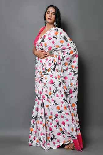 Bagru flower print sarees with pink colour plain blouse