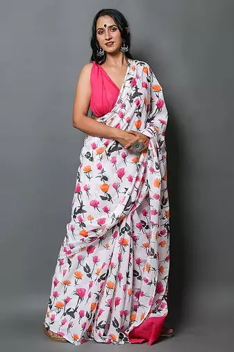 Bagru flower print sarees with pink colour plain blouse