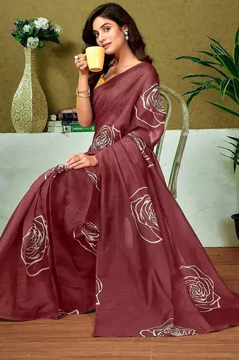 Bagru rose flower print sarees with printed blouse