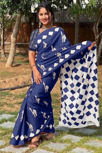 Pure cotton fancy cemal animal tranding jaipur block print sarees