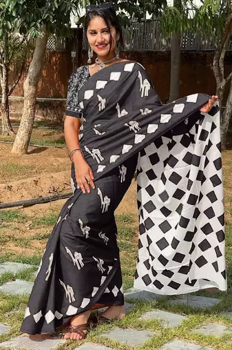 Pure cotton fancy cemal animal tranding jaipur block print sarees