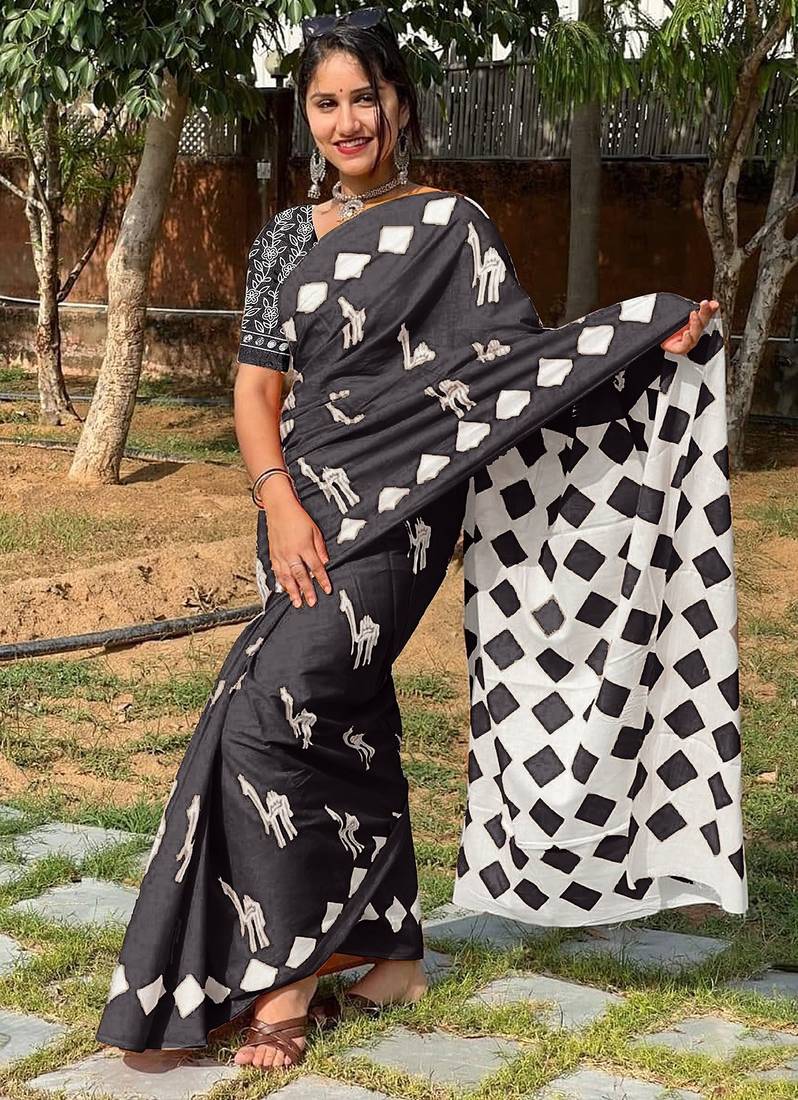 Pure cotton fancy cemal animal tranding jaipur block print sarees