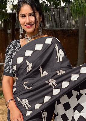 Pure cotton fancy cemal animal tranding jaipur block print sarees 2