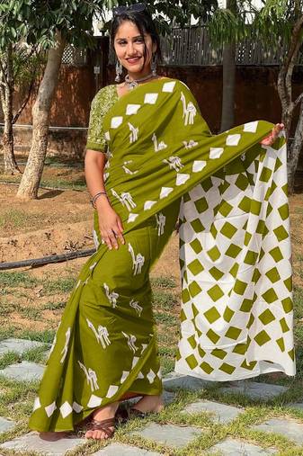 Pure cotton fancy cemal animal tranding jaipur block print sarees
