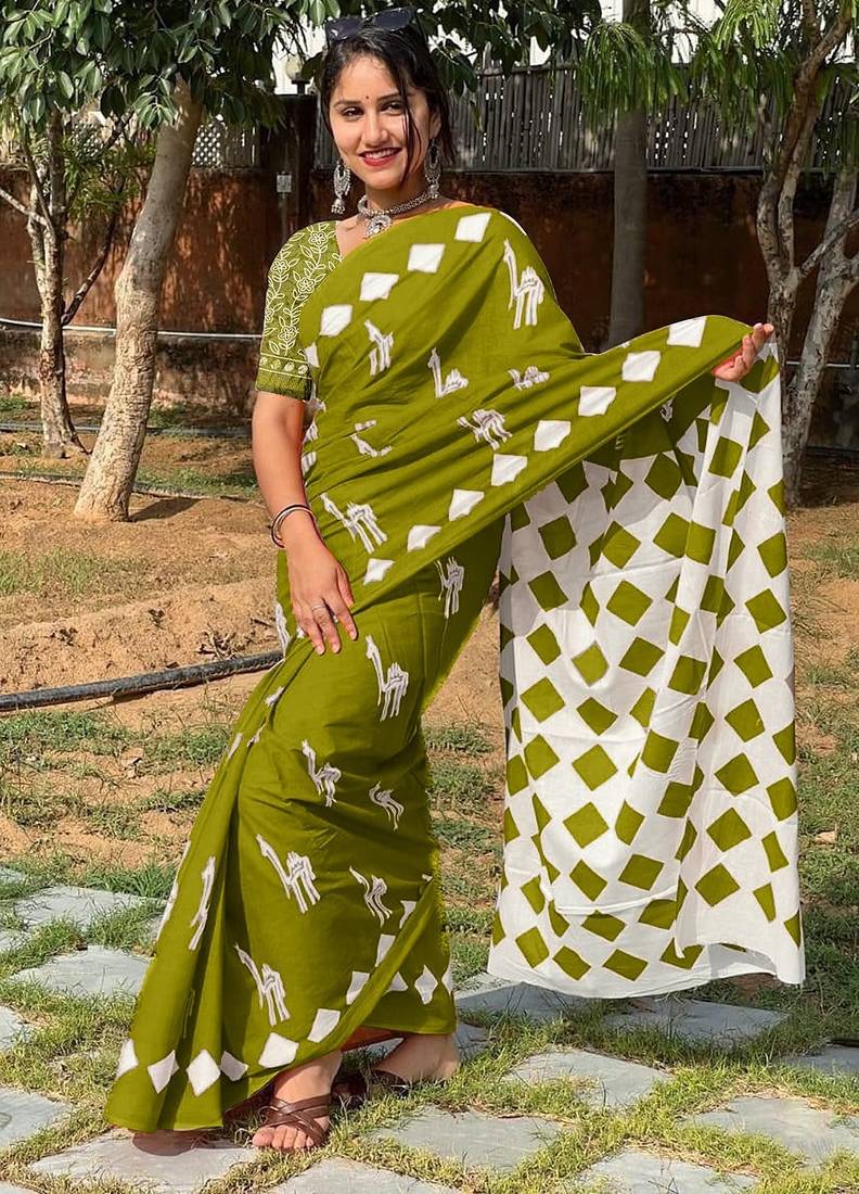 Pure cotton fancy cemal animal tranding jaipur block print sarees