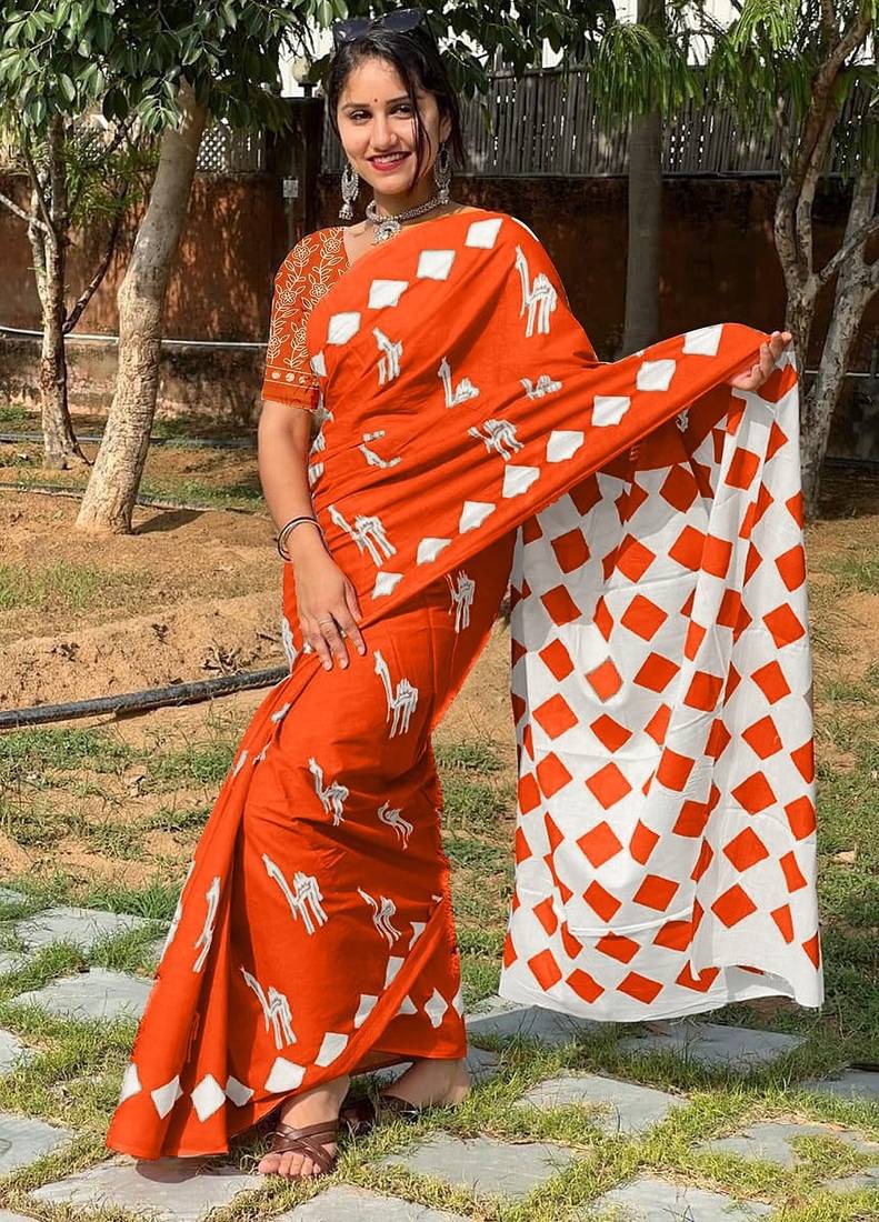 Pure cotton fancy cemal animal tranding jaipur block print sarees