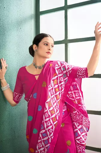 Cotton jaipur block print sarees with and blouse pice