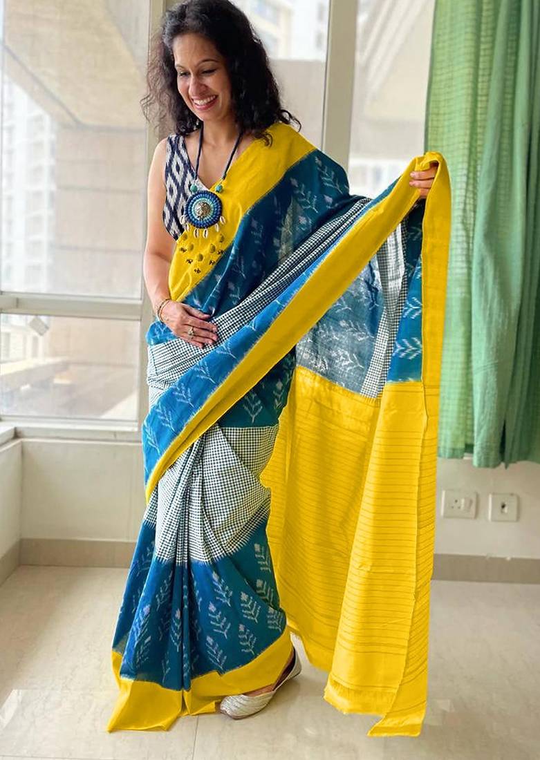 Pure cotton fancy ikkat print sarees with blouse pice*