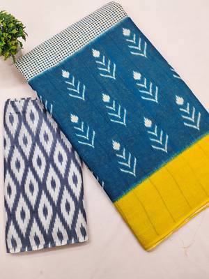 Pure cotton fancy ikkat print sarees with blouse pice* 4