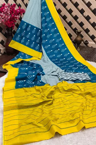 Pure cotton fancy ikkat print sarees with blouse pice*