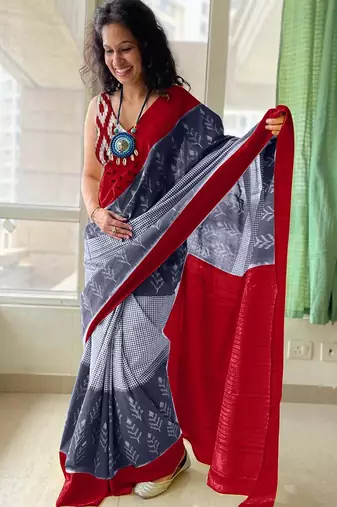 Pure cotton fancy ikkat print sarees with blouse pice*