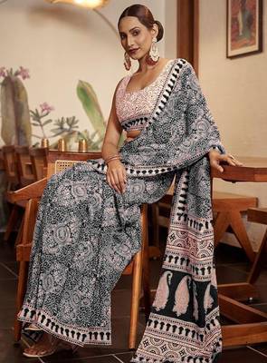 Ajrakh fancy hand block mulmul cotton sarees 1