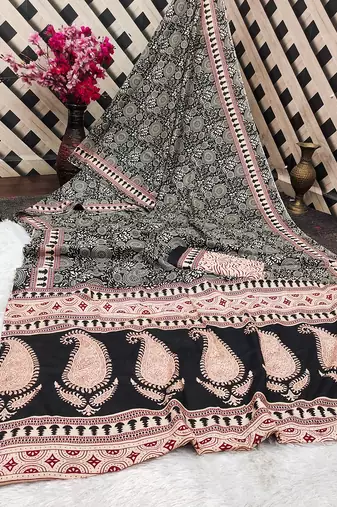 Ajrakh fancy hand block mulmul cotton sarees