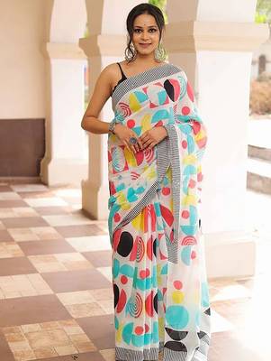 Pure cotton white and multi colour  block print sarees 1