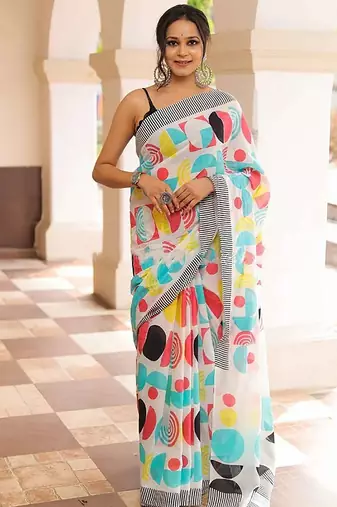 Pure cotton white and multi colour  block print sarees