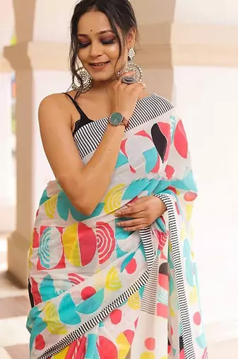 Pure cotton white and multi colour  block print sarees