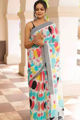 Pure cotton white and multi colour  block print sarees