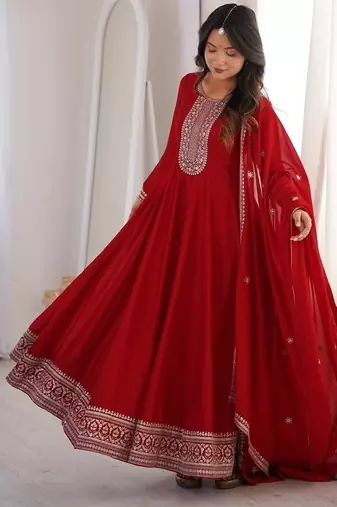 Dark red color thread zari sequince embroidered work vichitra silk anarkali set