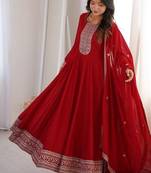 Dark red color thread zari sequince embroidered work vichitra silk anarkali set