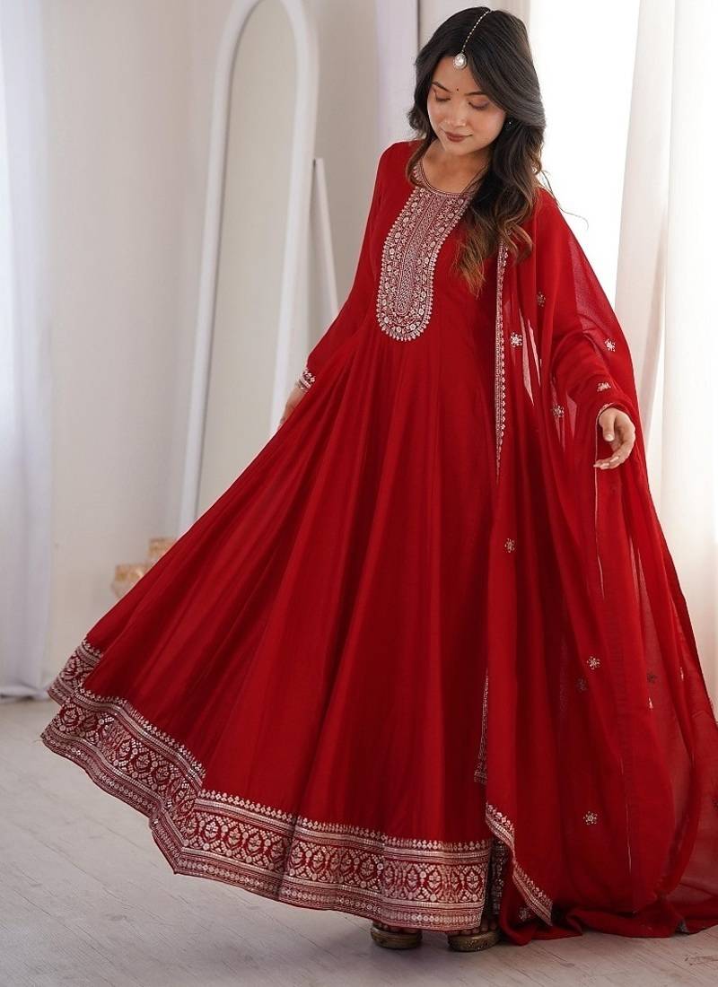 Dark red color thread zari sequince embroidered work vichitra silk anarkali set