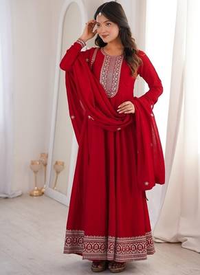 Dark red thread zari sequince embroidered work vichitra silk blend anarkali set 3