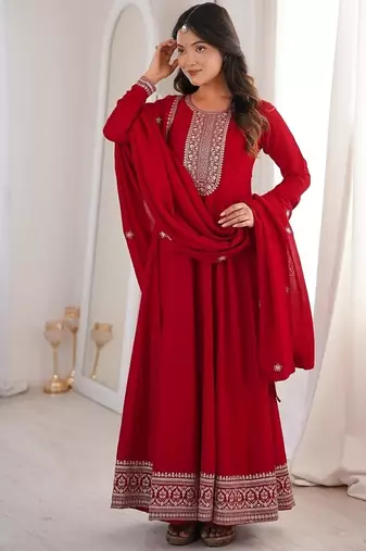 Dark red thread zari sequince embroidered work vichitra silk blend anarkali set