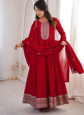Dark red thread zari sequince embroidered work vichitra silk blend anarkali set 4