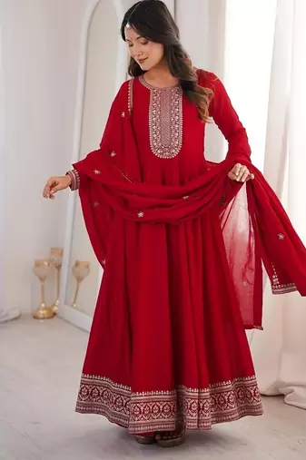 Dark red thread zari sequince embroidered work vichitra silk blend anarkali set