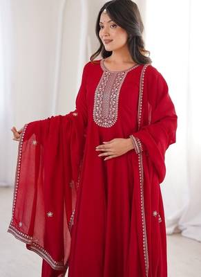 Dark red thread zari sequince embroidered work vichitra silk blend anarkali set 5