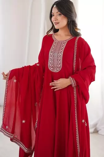 Dark red thread zari sequince embroidered work vichitra silk blend anarkali set